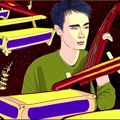 Image similar to cartoon of jacob collier playing saturn rings af if they were marimbas