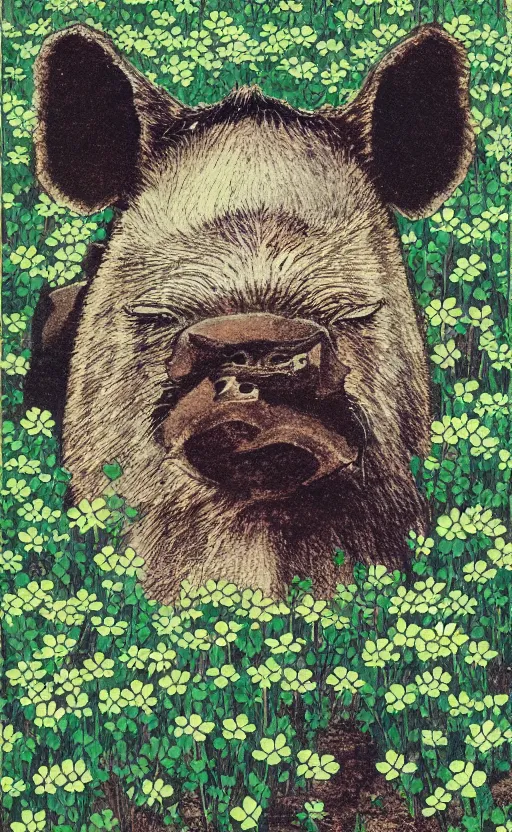 Image similar to by akio watanabe, manga art, portrait of a boar in a field of clovers, trading card front