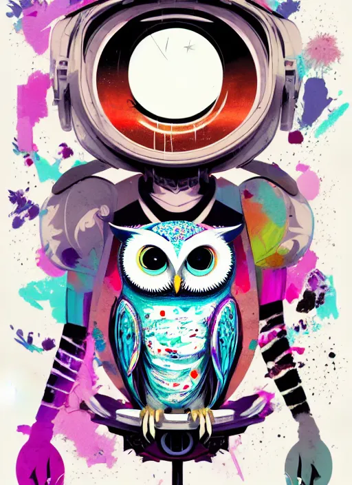 Image similar to arrogant elegant medium shot of white one - eyes owl dressed in samurai garment, pixiv fanbox, dramatic lighting, maximalist pastel color palette, splatter paint, pixar and disney exploded - view drawing, graphic novel by fiona staples and dustin nguyen, peter elson, alan bean, wangechi mutu, clean cel shaded vector art, trending on artstation