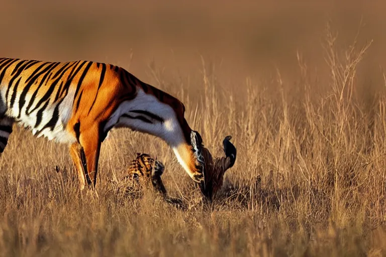 Prompt: antelope eating a tiger, golden hour, 6 0 0 mm, wildlife photo, national geographics