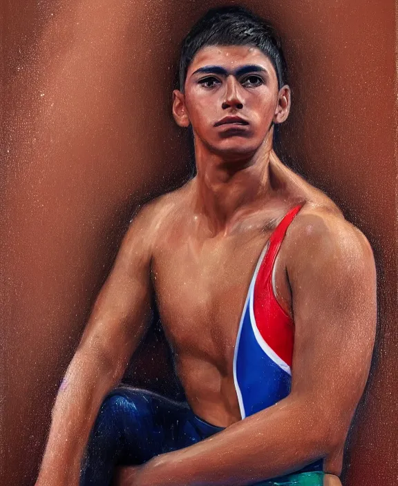 Image similar to heroic portrait of a young mexican swimmer. art by denys tsiperko and bogdan rezunenko, hyperrealism