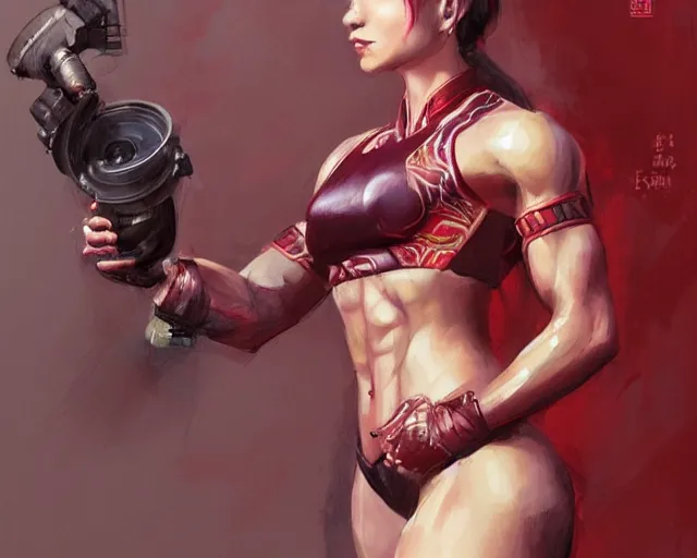 Prompt: portrait of samus aran as a very attractive happy female bodybuilder wearing chinese qipao, elegant, fantasy, hd shot, digital portrait, beautiful, artstation, comic style, by artgerm, guy denning, jakub rozalski, magali villeneuve and charlie bowater