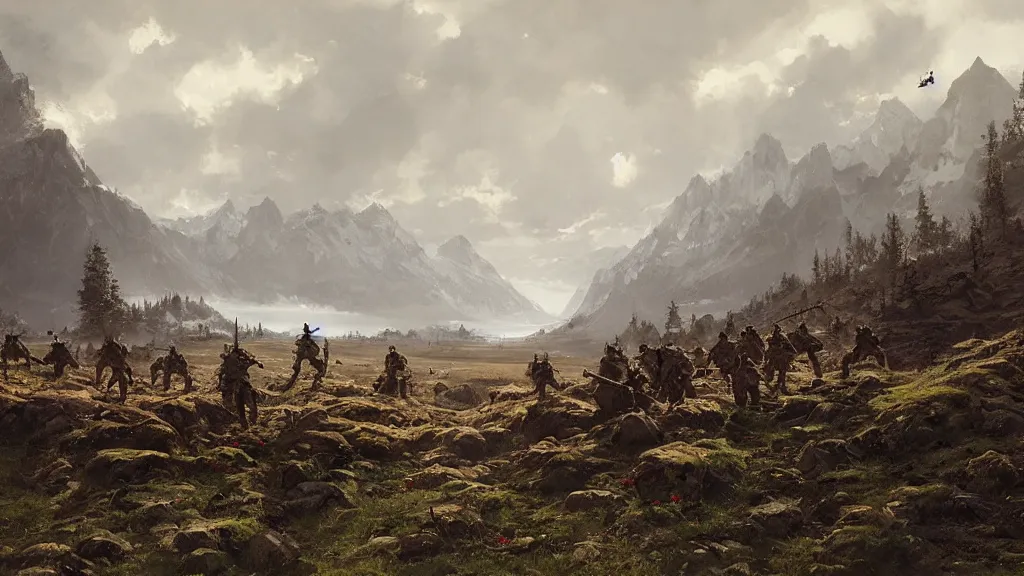 Prompt: a group of soliders in a stunning landscape by jakub rozalski