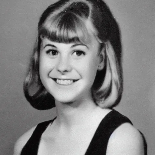 Image similar to a yearbook photo of Betty Cooper in 1966, she has a ponytail and bangs