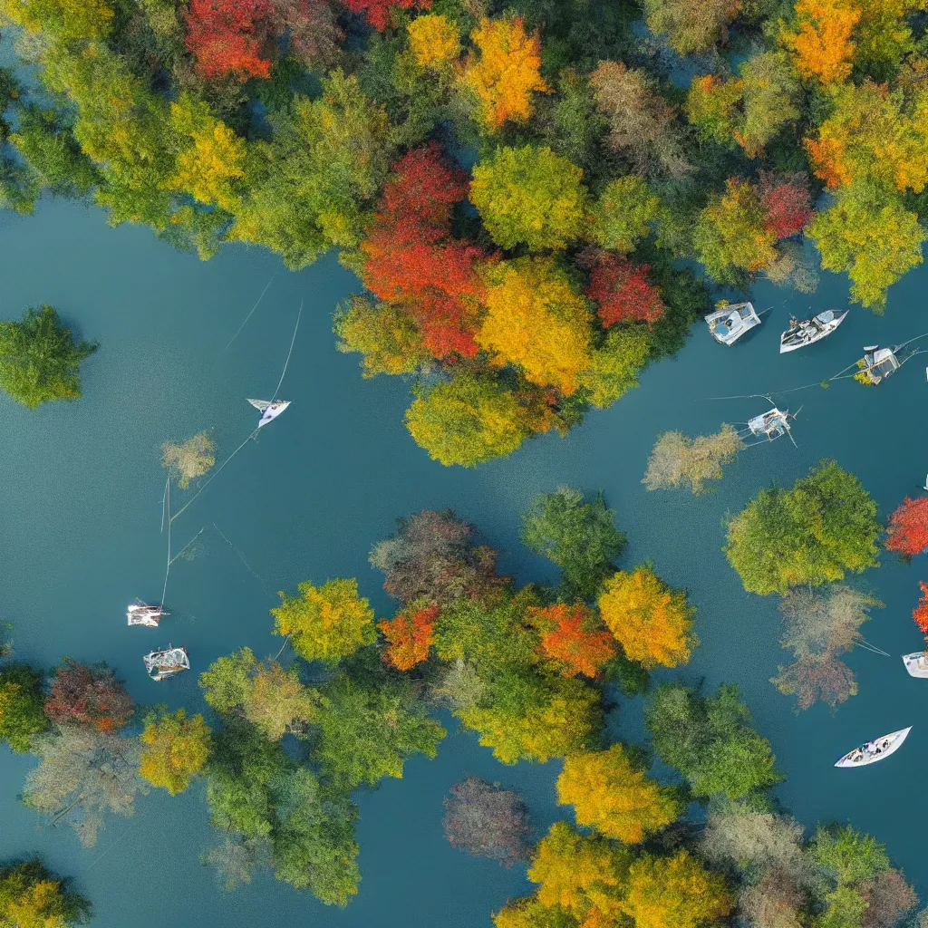 Image similar to ariel view of lake, silver cloud reflections, boats, colourful august foliage, very detailed, 4 k, professional photography