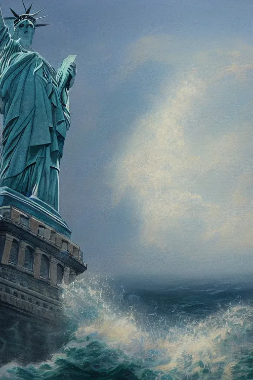 Prompt: the largest ocean wave in the world is about to hit the statue of liberty, oil on canvas, intricate, 8 k highly professionally detailed, hdr, cgsociety