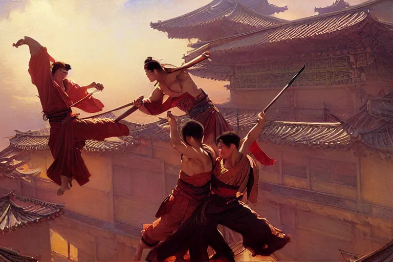 Prompt: wuxia, fight on the roof, painting by gaston bussiere, craig mullins, j. c. leyendecker