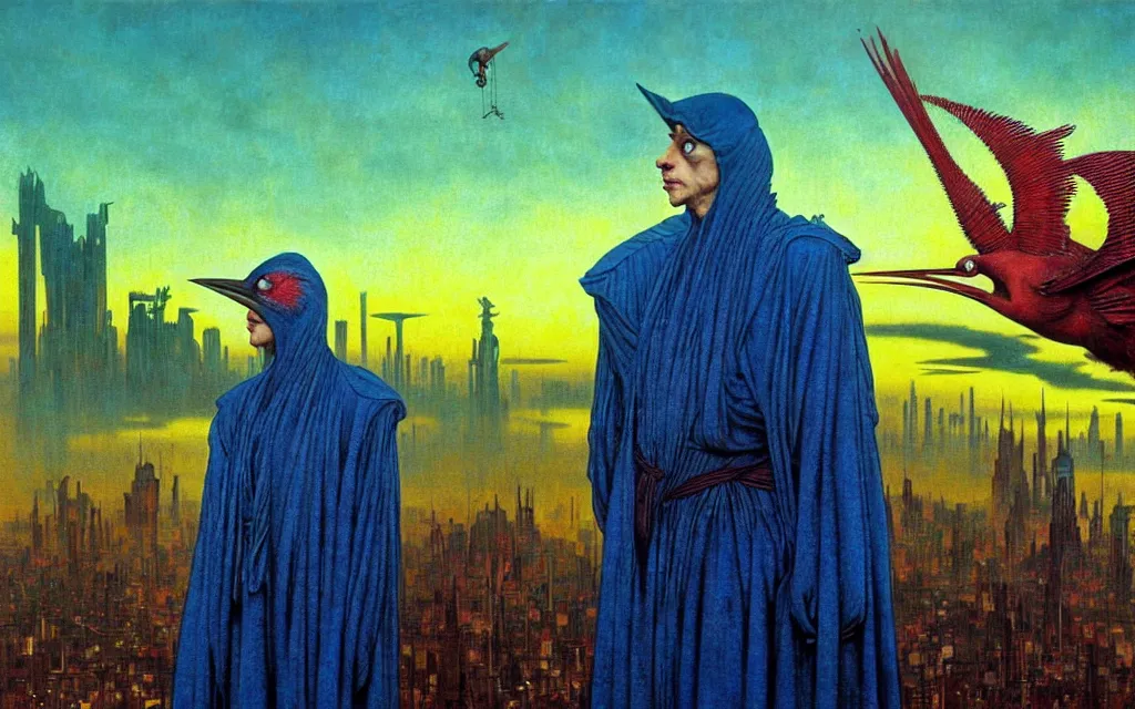 Image similar to realistic detailed portrait movie shot of a birdman wearing dark ragged robes, futuristic city sunset landscape background by denis villeneuve, amano, yves tanguy, alphonse mucha, ernst haeckel, max ernst, roger dean, rich moody colours, blue eyes