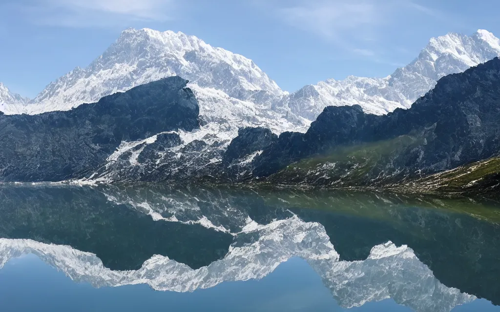 Image similar to the alps and reflection in a lake in the style of georgia o keefe