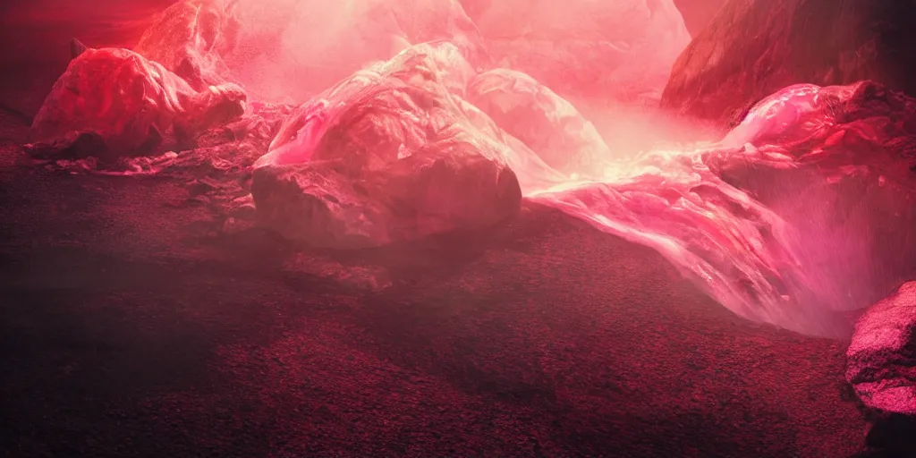 Image similar to pink lemonade flowing from the volcano, digital art, 4 k, highly detailed, soft lighting, dramatic perspective