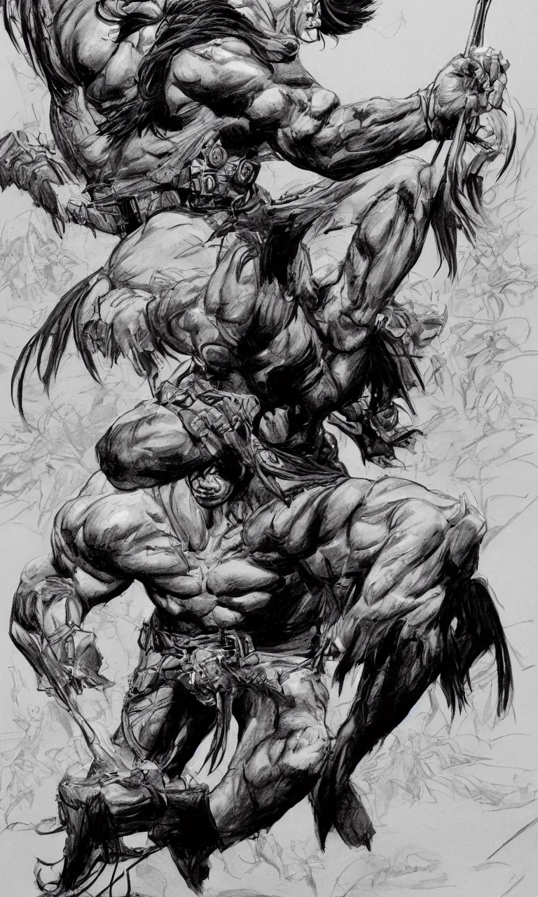 Image similar to digital detailed pianting drawing of conan by simon bisley and john buscema, unreal engine 5