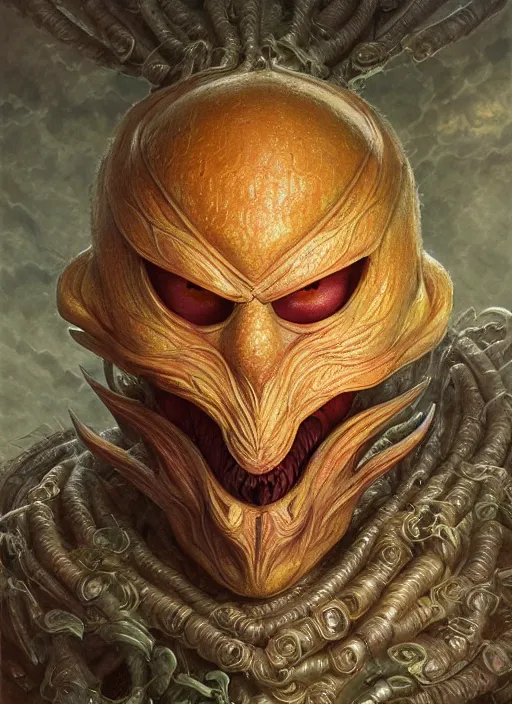 Prompt: fuzzy peach mf doom reptile eyes, peach skin. intricate, elegant, highly detailed, centered, digital painting, artstation, concept art, smooth, sharp focus, illustration, artgerm, tomasz alen kopera, peter mohrbacher, donato giancola, joseph christian leyendecker, wlop, frank frazetta