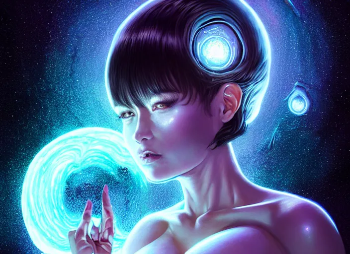 Image similar to azathoth girl wearing a dress made of milky way, full body, occlusion shadow, specular reflection, rim light, unreal engine, artgerm, artstation, art by hiroaki samura and ilya kuvshinov and ossdraws, intricate, highly detailed 8 k, fantasy illustration, extremely beautiful and aesthetic shape of face and body