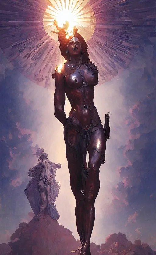 Image similar to cyberpunk four armed statue of the goddess of the sun helios descending from olympus, artstation, concept art, smooth, sharp focus, illustration, art by artgerm and greg rutkowski and alphonse mucha and william adolphe bouguereau and john william waterhouse and gianlorenzo bernini