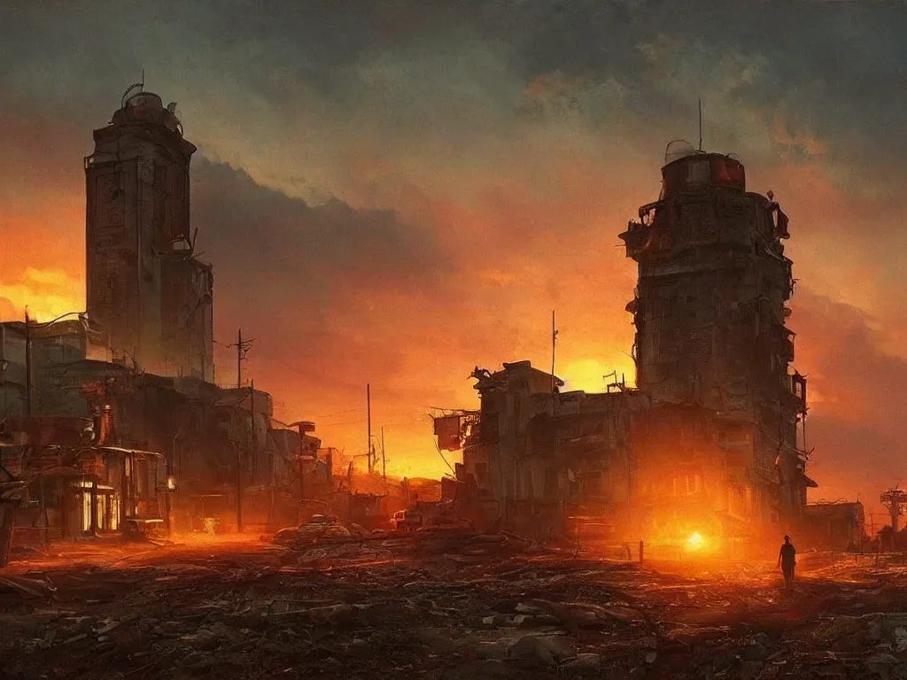 Prompt: a post apocalyptic small town after a nuclear war, beautiful radioactive sunset lighting, beautiful painting, fallout video game, painted by albert bierstadt