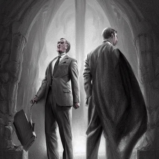 Image similar to amazing lifelike award winning pencil illustration of elder price and elder Cunningham Book of Mormon trending on art station artgerm Greg rutkowski cinematic