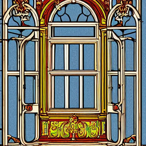 Prompt: digital illustration of a beautiful window open front view, aesthetic, achenbach, andreas, angelico, fra, bellotto, bernardo, ornate, russian style, colorful architectural drawing, behance contest winner, vintage frame window