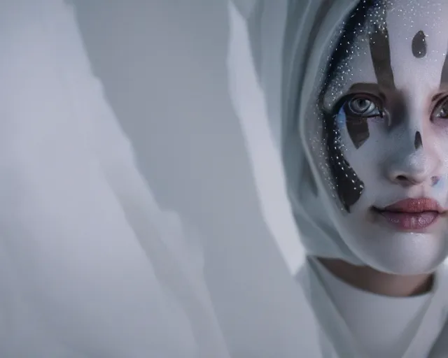 Prompt: a film still of a synthetic female human wrapped in white cloth, tribal facepaint, in neotokyo, cinematic lighting, high resolution, 4 k