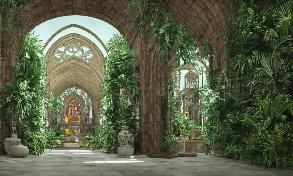 Image similar to cathedral interior with koi pond in the middle surrounded by palm trees, ivy, flowers, tropical plants, roses, and with archways. rendered in octane render with photorealistic lighting