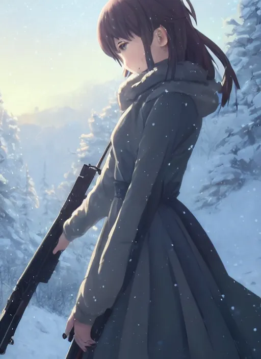 Prompt: portrait of anime girl in dress dress with rifle in hands winter by greg rutkowski, key visual, kyoto animation, square enix, studio ghibli pixiv, sharp, detailed, high quality, award winning trending on super detailed face sparkling eyes fingers photorealistic ultrahd 4 k 8 k unrealengine