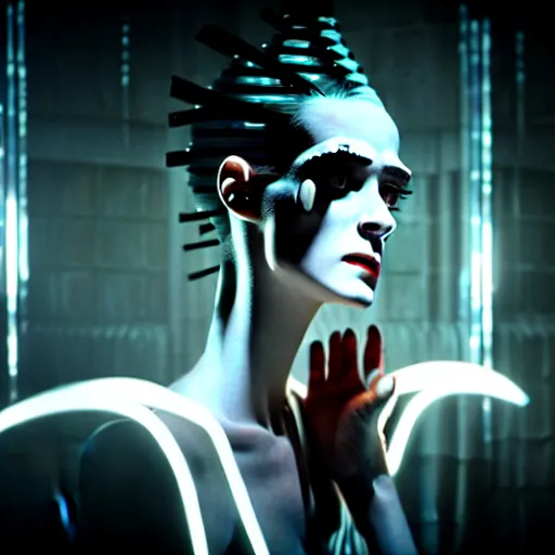 Image similar to cinematic portrait of model kristen mcmenamy as bride of frankenstein as a replicant in a busy nightclub, frightened and angry, still from the movie ex machina, fashion photography, a neon sign is in the background, 8 k, high detail, face in focus