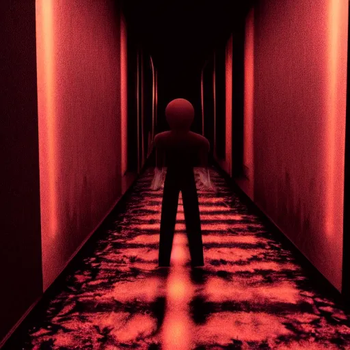 Image similar to photograph of an extremely dark narrow hallway with glowing humanoid cryptid made out of television static, dark deep black shadows, red and black color contrast in the style of trevor henderson, liminal space, 3 d octane render, glitch effect