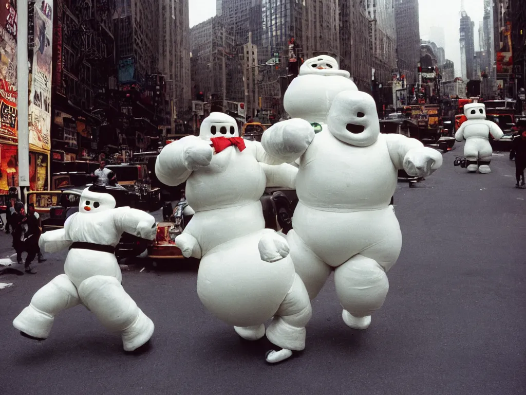 Image similar to 3 5 mm kodachrome colour photography of michelin man and stay - puft marshmallow man dancing in the streets of new york, taken by harry gruyaert