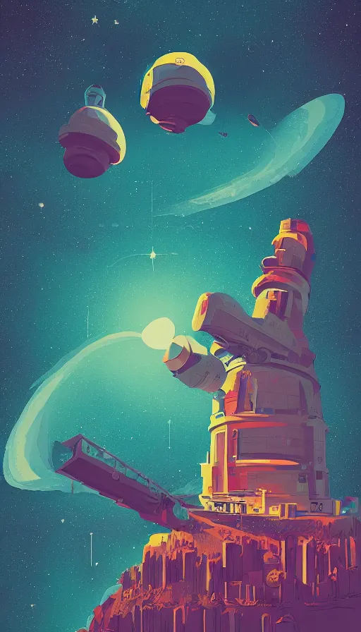 Image similar to epic magical observatory, large telescope, sharp focus, james gilleard, print, risograph, cinematic, game art