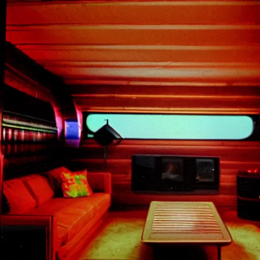 Prompt: interior view of a 1970s luxury cabin at night with television, friends lounge wearing disco clothing, ektachrome photograph, f8 aperture