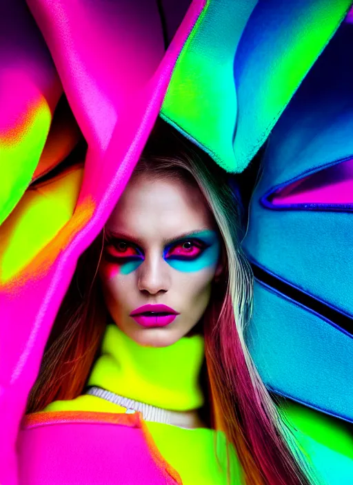 Prompt: stylish coat for a rave, bright colors, many details, prints, photo for a magazine, photo for a store, fashion photography, Vogue, 135 mm, cinematic, hyper realism, high detail, octane render, 8k, chrome accents, very coherent symmetrical artwork, perfect face model, full length photo, Upper and lower body, even skin tone,Soft shadows on the face, white eyes