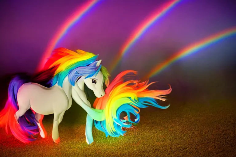 Prompt: Rainbow_Dash, Horse laying down, Professional equine photography with mood lighting, Equestria