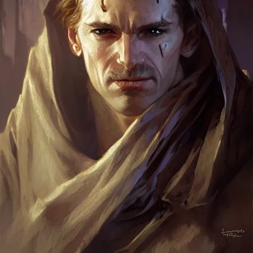 Image similar to rugged robed white male sorcerer, fantasy, D&D, portrait, piercing stare, highly detailed, digital painting, artstation, concept art, matte, sharp focus, illustration, art by artgerm and greg rutkowski and alphonse mucha