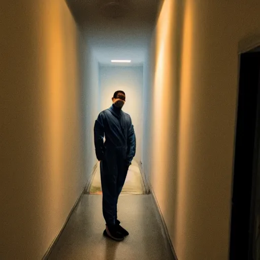 Image similar to man in jumpsuit with deformed face standing in a dimly lit hallway