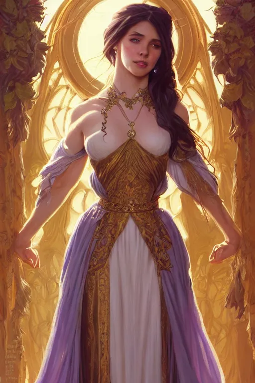 Image similar to beautiful female princess, long dress, full body shot, long hair, d & d, fantasy, intricate, elegant, golden trims, highly detailed, digital painting, artstation, concept art, matte, sharp focus, illustration, hearthstone, art by artgerm and greg rutkowski and alphonse mucha