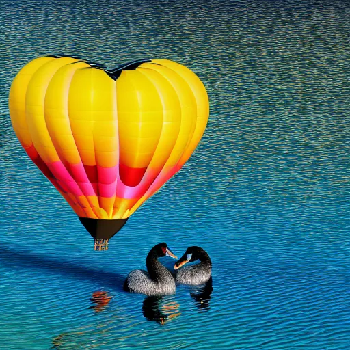 Image similar to photo of two black swans swimming in a beautiful reflective mountain lake, touching heads, forming a heart with their necks, a colorful hot air balloon is flying above the swans, hot air balloon, intricate, 8k highly professionally detailed, HDR, CGsociety