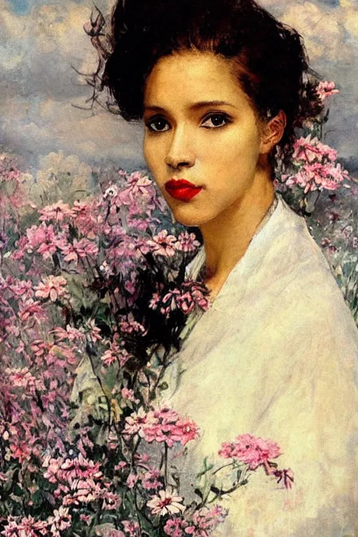 Image similar to close - up fashion black woman portrait airy flowers clouds art by vasnetsov