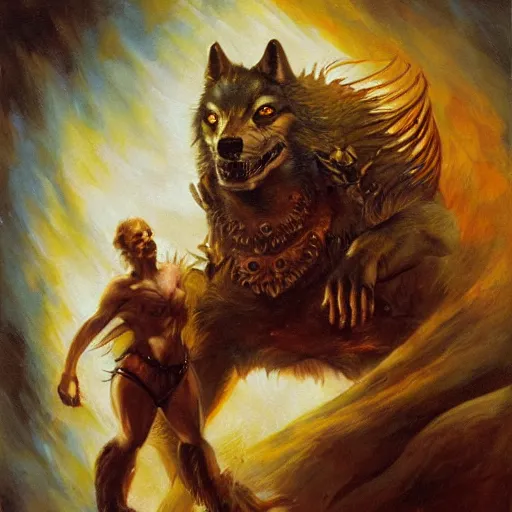 Image similar to detailed portrait of wolf fish hybrid if his parents lived intricate, hyper detailed, realistic, oil painting, by julie bell, frank frazetta, cinematic lighting