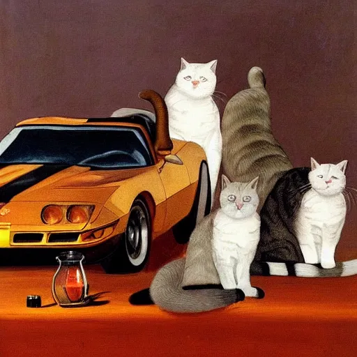 Image similar to corvette with cats sitting in and on the car, old dutch painting, golden hour, shadows, wide shot