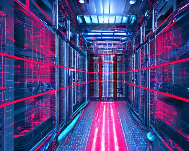 Image similar to datacenter protected by red laser trip - wires, server in the middle, deep view, heavy blue led lights, wires connected, award winning, extremely detailed, artstation, 8 k, incredible art