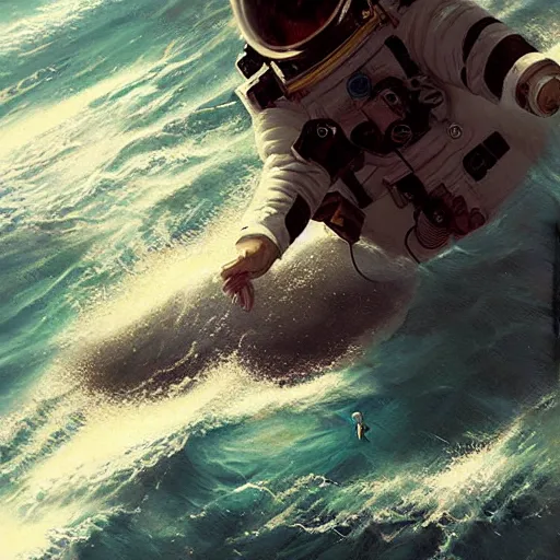 Image similar to an astronaut lost in the ocean,digital art,detailed,ultra realistic,art by greg rutkowski