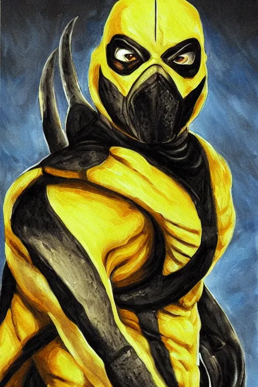 Image similar to scorpion from mortal kombat, painting