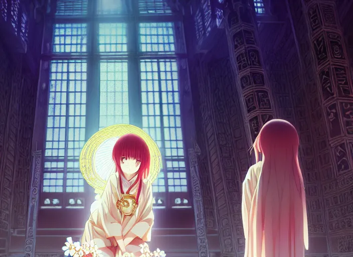 Prompt: anime priestess stranding in a grand temple, Karolis Strautniekas,omoide emanon, tsuruta kenji, murata range,kawaii, kyoto animation, manga, intricate, detailed, studio lighting, gradation,editorial illustration, matte print, Ilya Kuvshinov