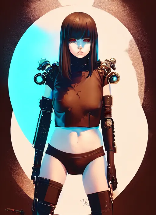 Image similar to portrait of cute goth maiden girl in cyber bikini armor, face by ilya kuvshinov, warhammer, cyberpunk, by atey ghailan, by greg rutkowski, by greg tocchini, by james gilleard, by joe fenton, by kaethe butcher, dynamic lighting, gradient light blue, brown, blonde cream and white color in scheme, grunge aesthetic