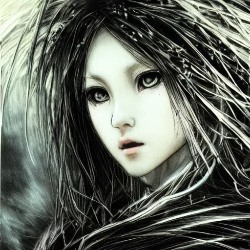 Image similar to Yoshitaka Amano realistic illustration of an anime girl with wavy white hair and cracks on her face wearing Elden ring armour with the cape fluttering in the wind, abstract black and white patterns on the background, noisy film grain effect, highly detailed, Renaissance oil painting, weird portrait angle