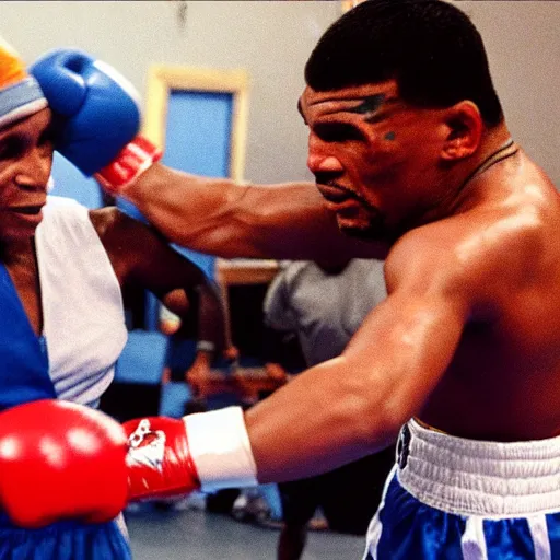 Image similar to photo of mother teresa boxing match with mike tyson