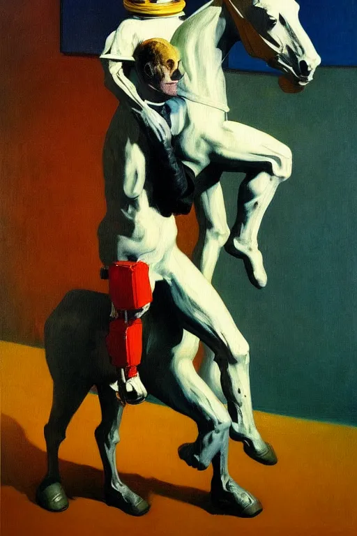 Image similar to astronaut carrying a horse on his shoulders, hauntingly surreal, highly detailed painting by francis bacon, edward hopper, adrian ghenie, gerhard richter, and james jean soft light 4 k,