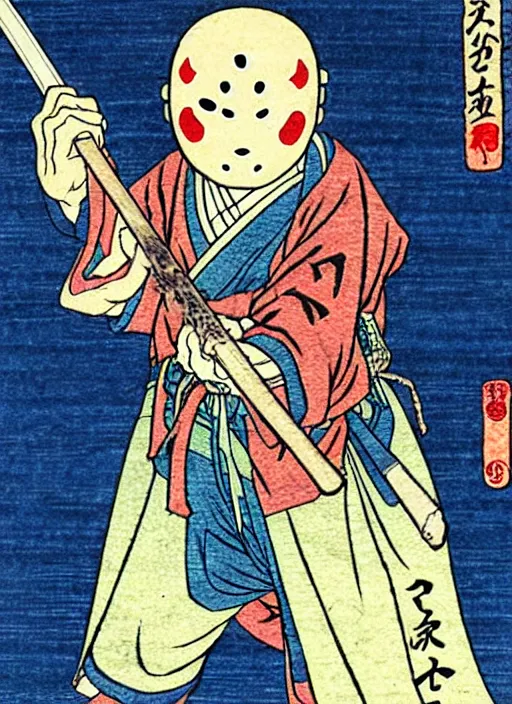 Image similar to jason voorhees as a yokai illustrated by kawanabe kyosai and toriyama sekien