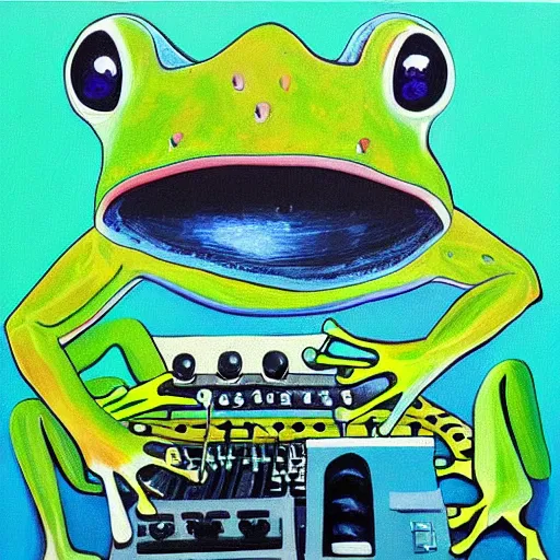 Image similar to a beautiful painting of singular frog playing in the synthesizer, trending on artstation