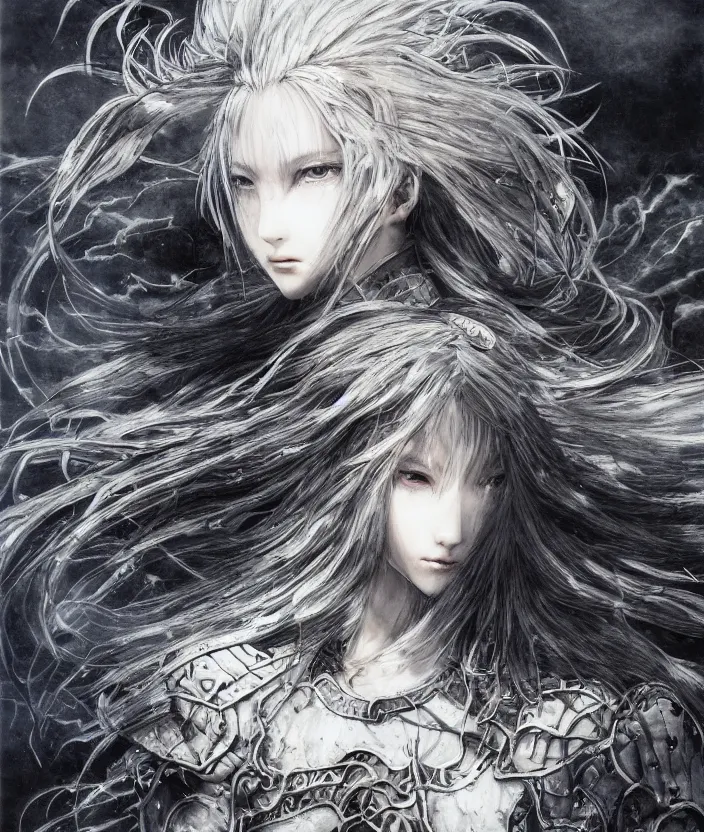 Image similar to Yoshitaka Amano realistic illustration of an anime girl with wavy white hair and cracks on her face wearing dark souls armour with the cape fluttering in the wind, abstract black and white patterns on the background, noisy film grain effect, highly detailed, Renaissance oil painting, weird portrait angle