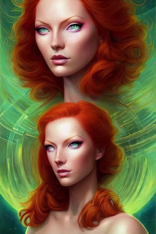 Image similar to Redhead Pleiadian alien human beautiful hybrid feminine woman, with stunning green eyes, cute symmetrical round face and a roundish nose, as a retro futuristic heroine, gorgeous digital painting, artstation, concept art, smooth, sharp focus, illustration, art by artgerm and donato giancola and Joseph Christian Leyendecker, Ross Tran, WLOP